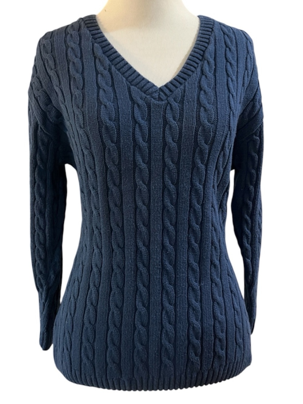 VINTAGE BAMBOO TRADERS CABLE KNIT V-NECK COTTON SWEATER BLUE SIZE LARGE USA MADE